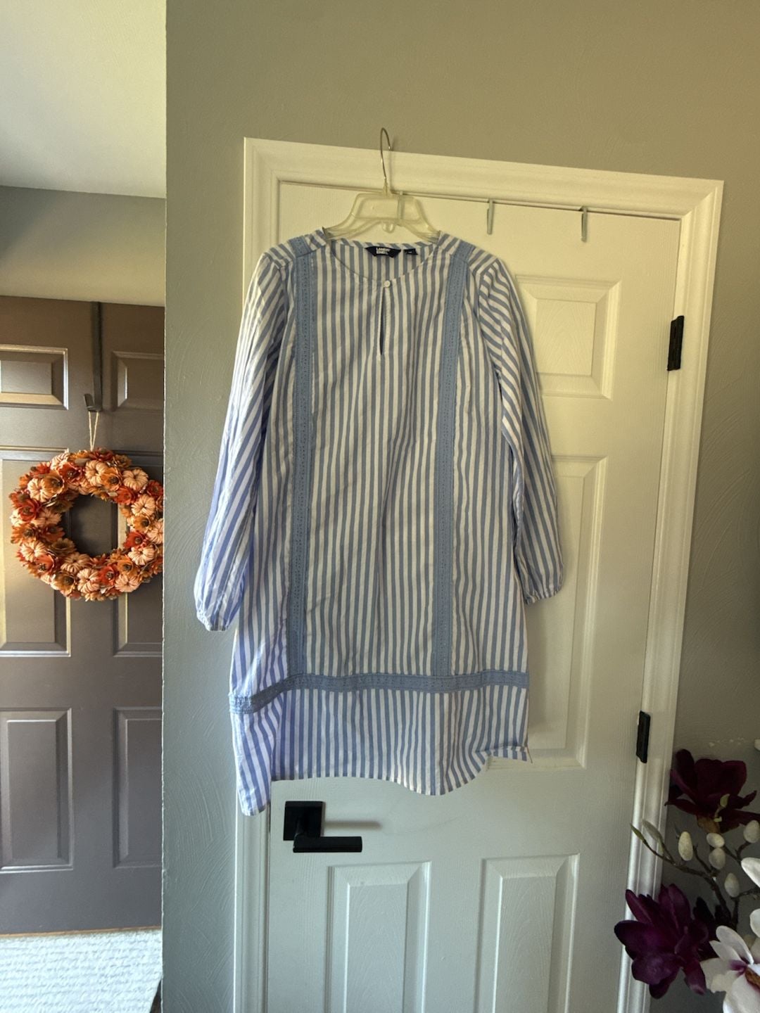 Lands' End Cotton Poplin Split Neck Dress Size M 10-12 Blue White Striped 2