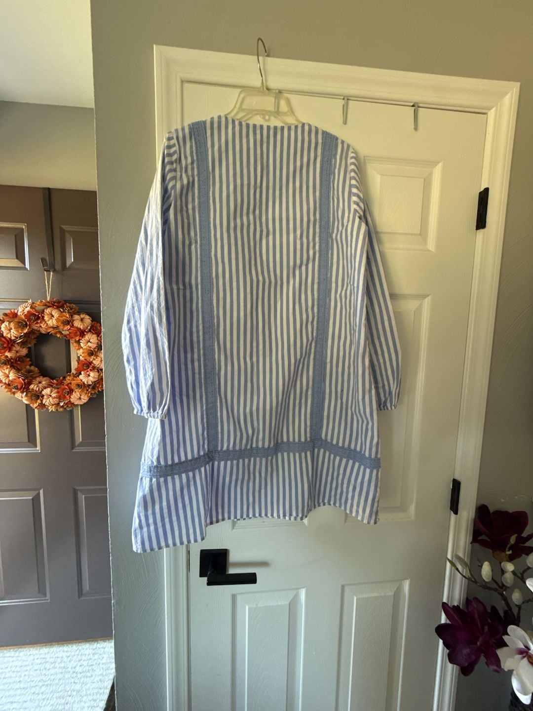 Lands' End Cotton Poplin Split Neck Dress Size M 10-12 Blue White Striped 9