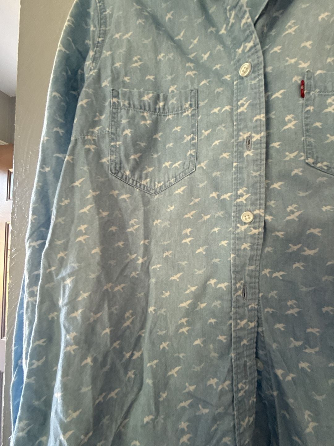 Levi's Long Sleeve Button Down Shirt Bird Print Blue Denim 3