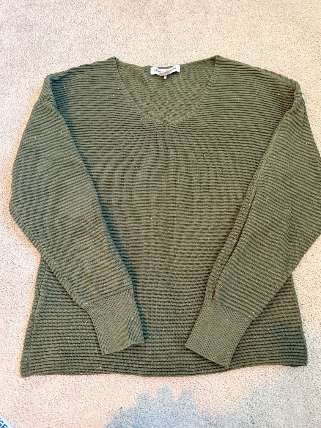 Tommy Bahama V-Neck Sweater Size XS/TP Olive Green Ribbed Sequin Pullover 2
