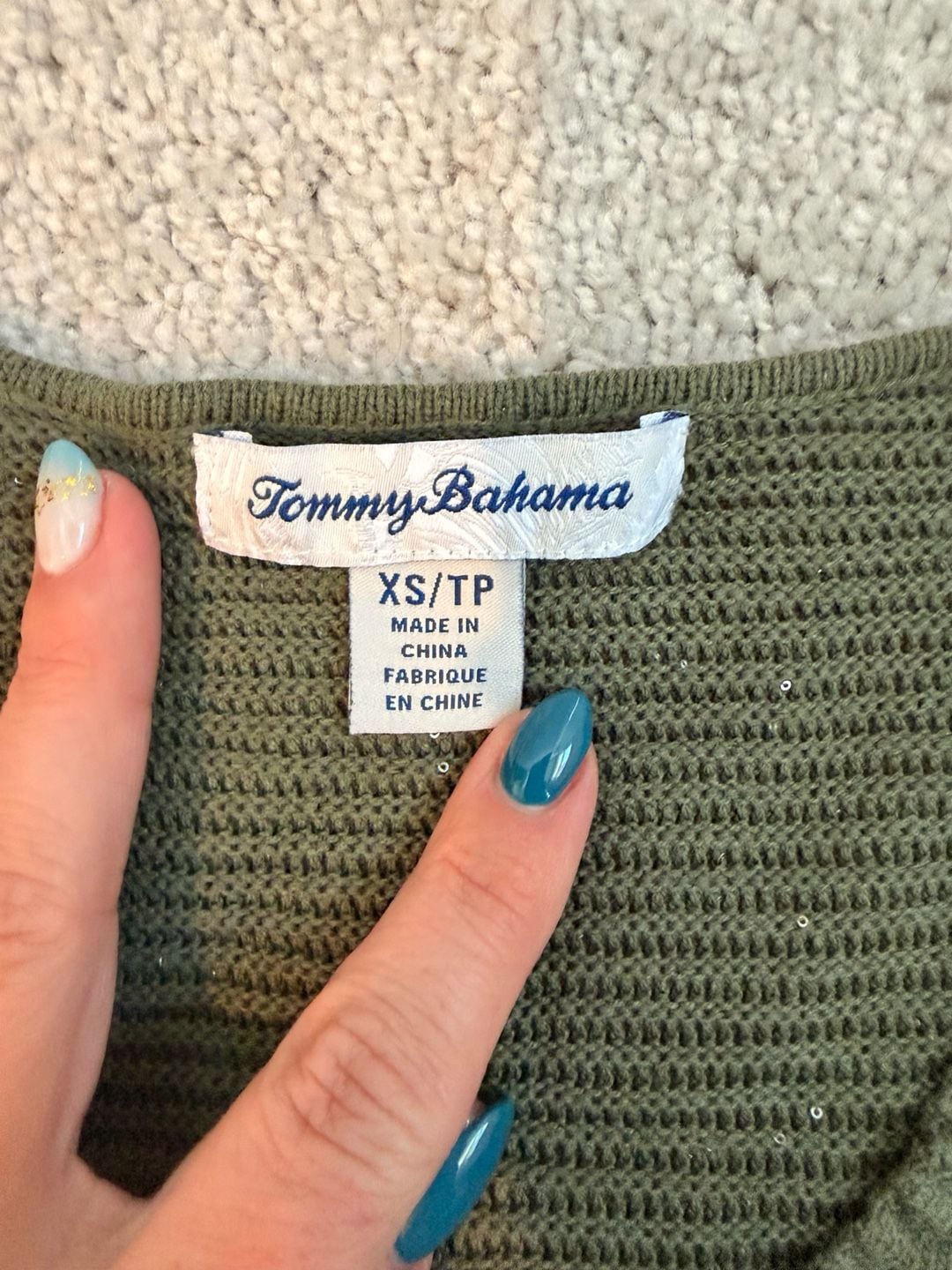 Tommy Bahama V-Neck Sweater Size XS/TP Olive Green Ribbed Sequin Pullover 4