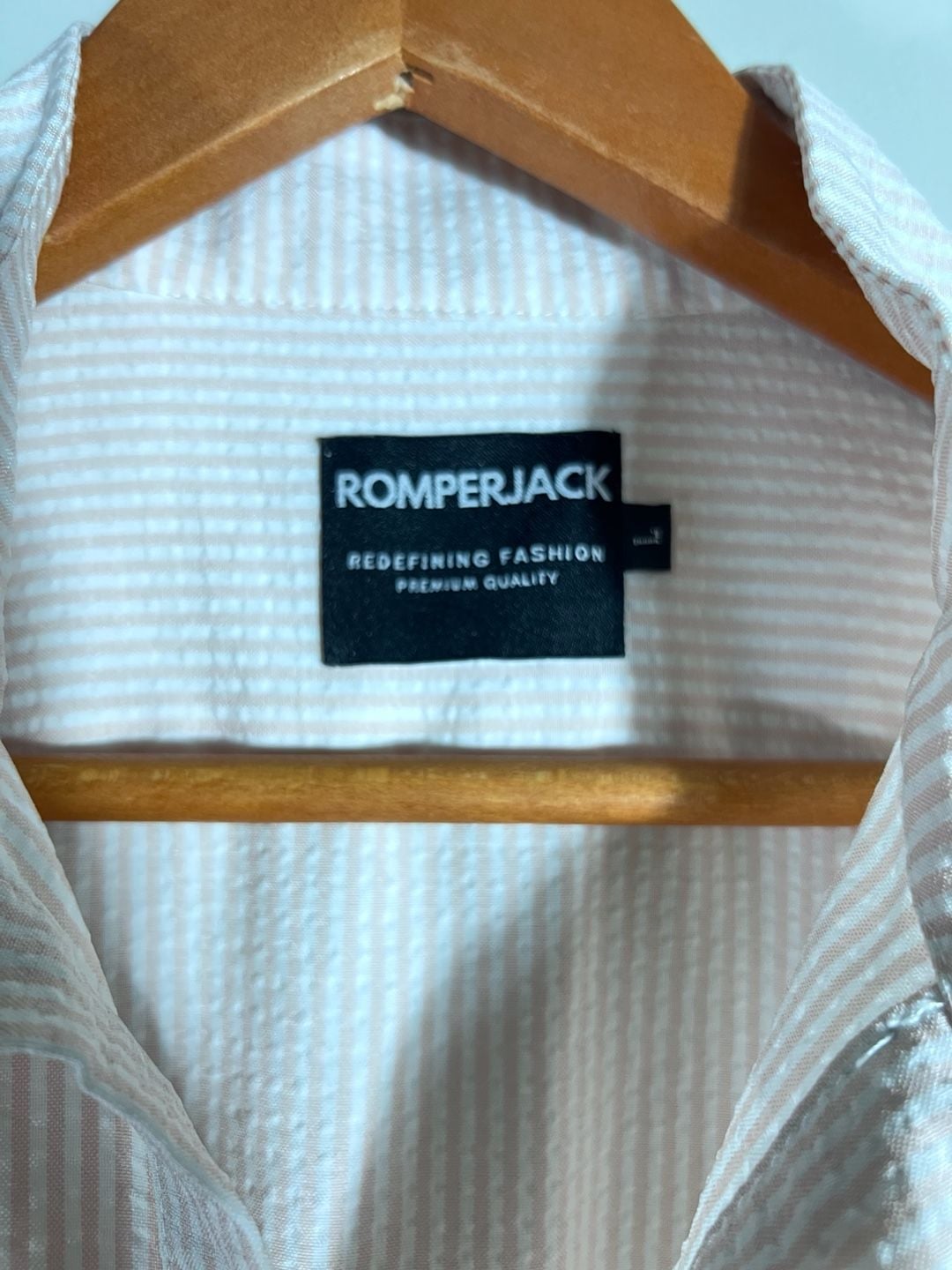 RomperJack Men’s Pink White Seersucker Striped Short Sleeve Romper Jumpsuit Large 10