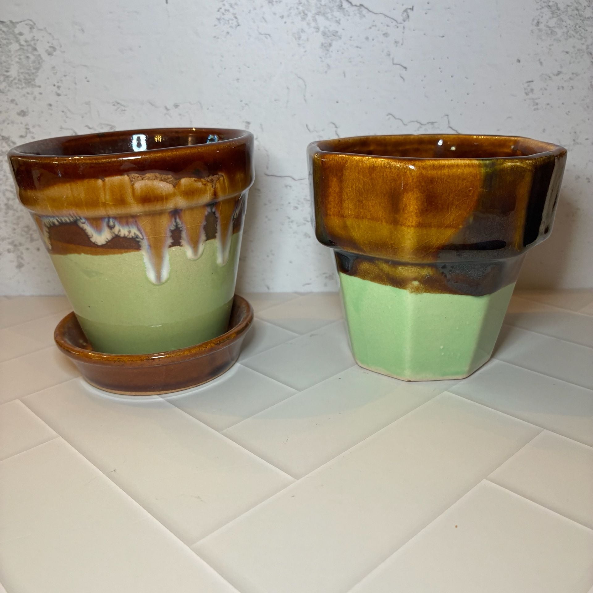 Art Pottery Ceramic Planter Set Green Brown Drip Glaze Plant Pots 1