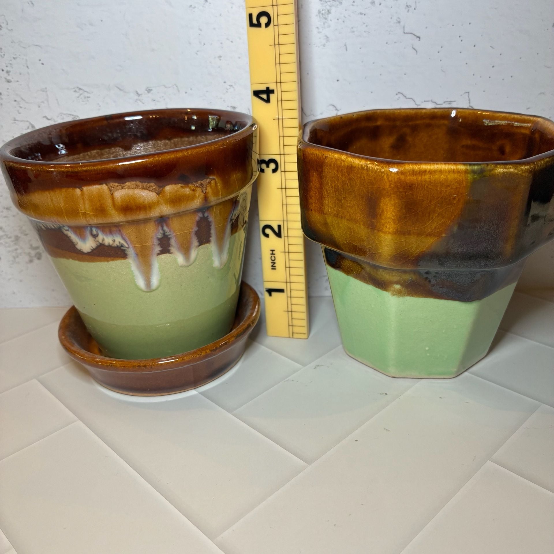 Art Pottery Ceramic Planter Set Green Brown Drip Glaze Plant Pots 2