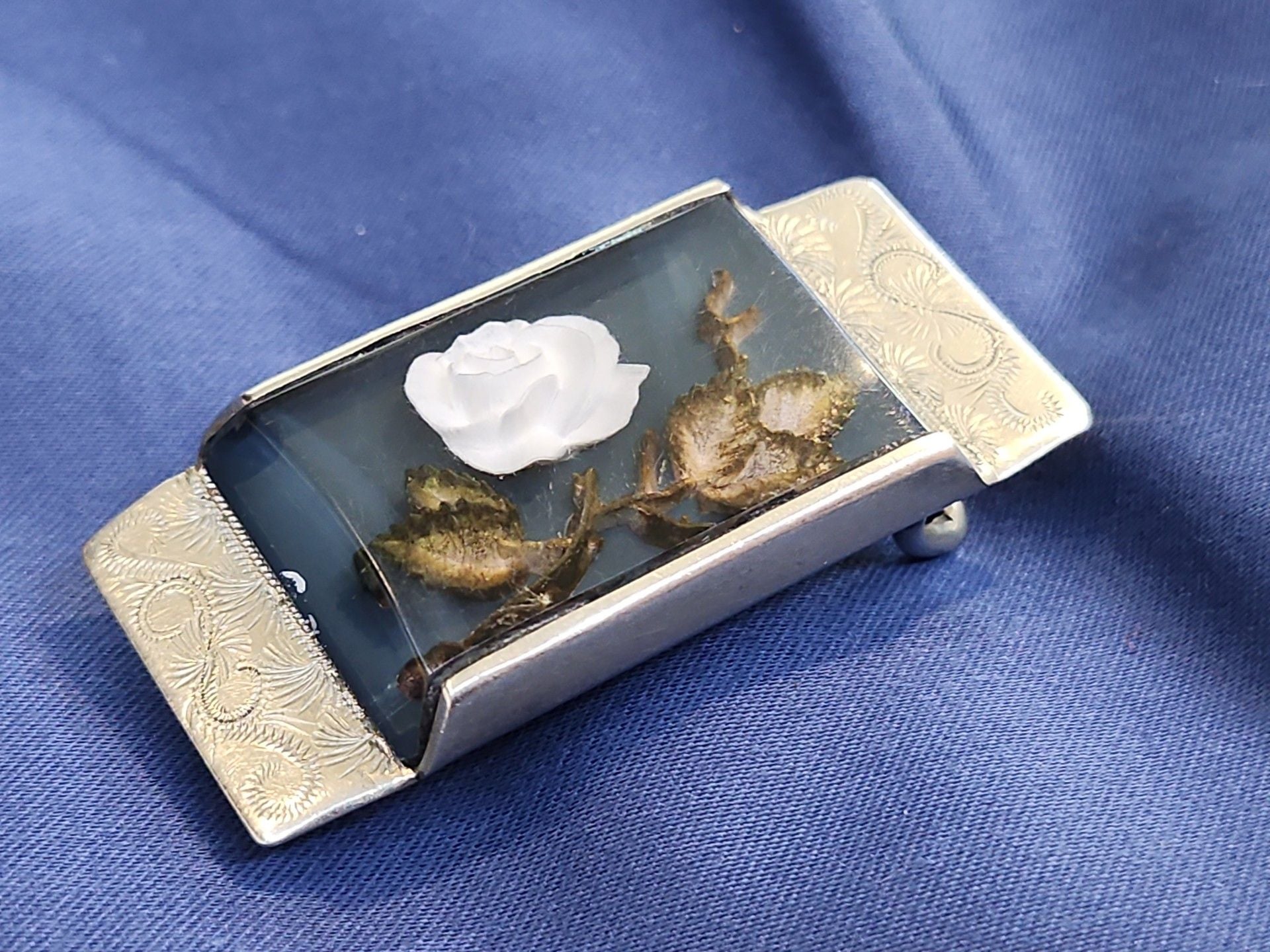 Vintage Handcrafted White Rose Belt Buckle Engraved Metal 7