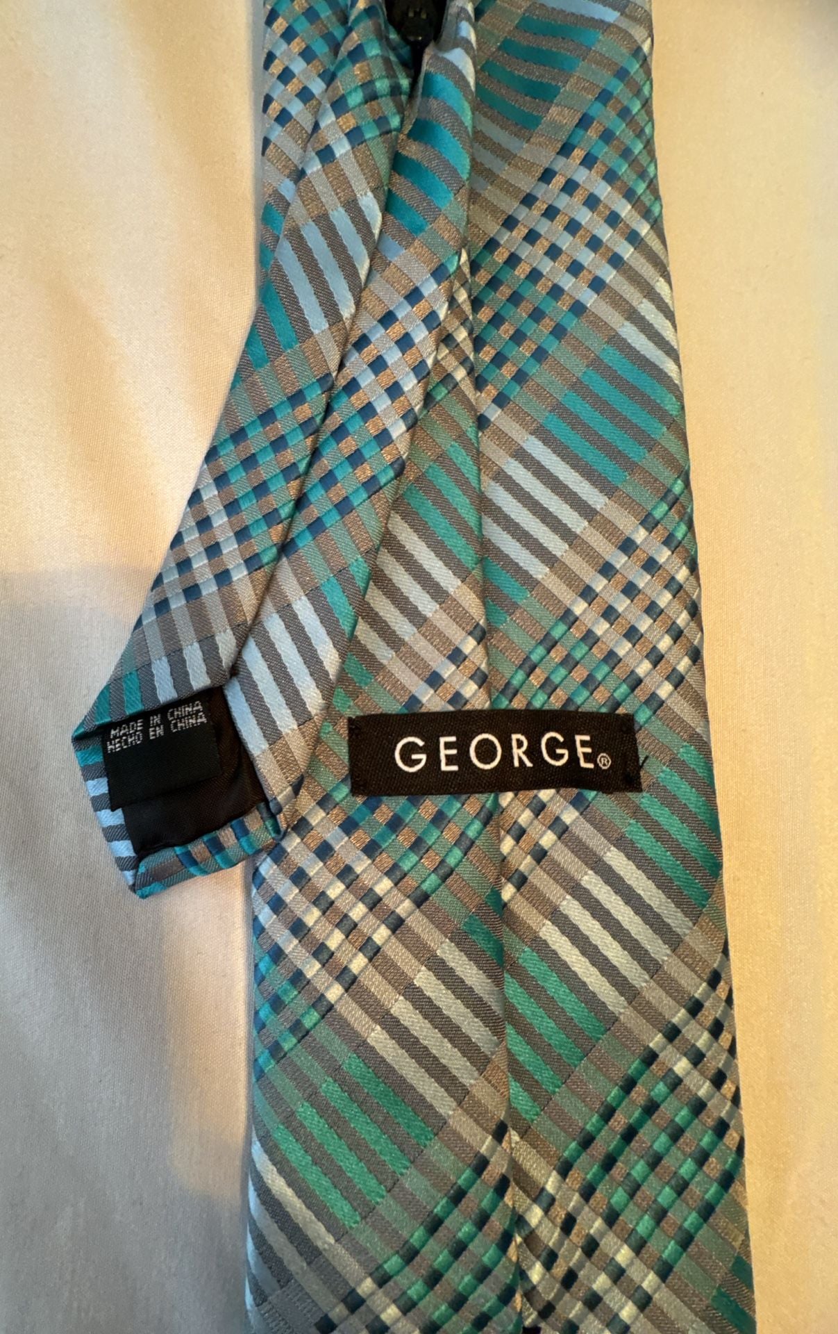 George Zipper Neck Tie Blue Teal Gray Plaid 4