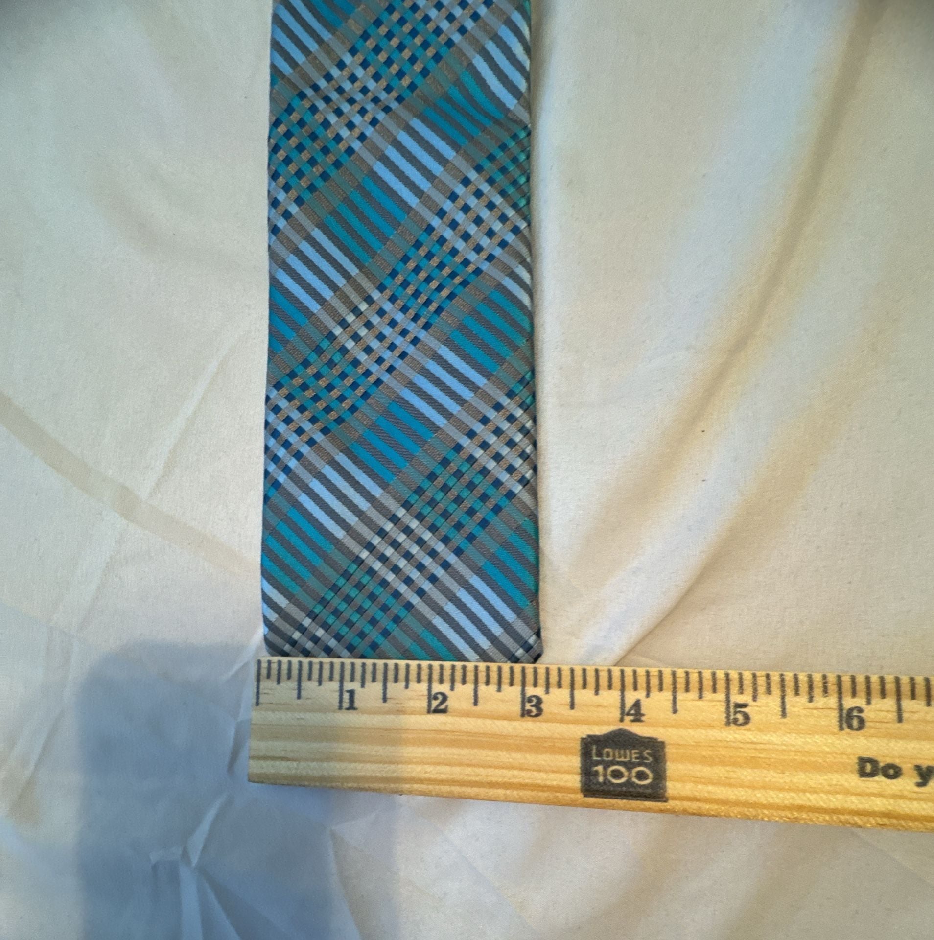 George Zipper Neck Tie Blue Teal Gray Plaid 3