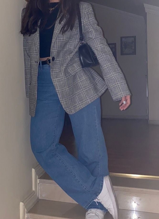 Zara Plaid Blazer Jacket Size M Grey Black Check Single Button 2