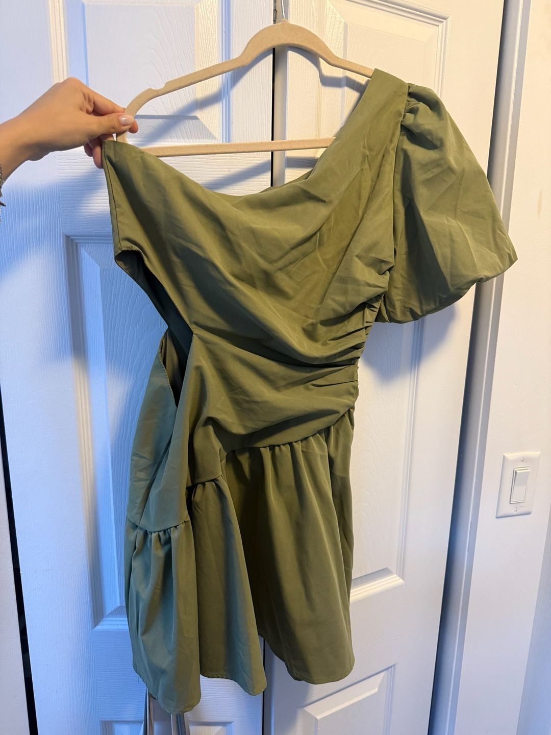 One Shoulder Puff Sleeve Cutout Mini Dress Olive Green 2
