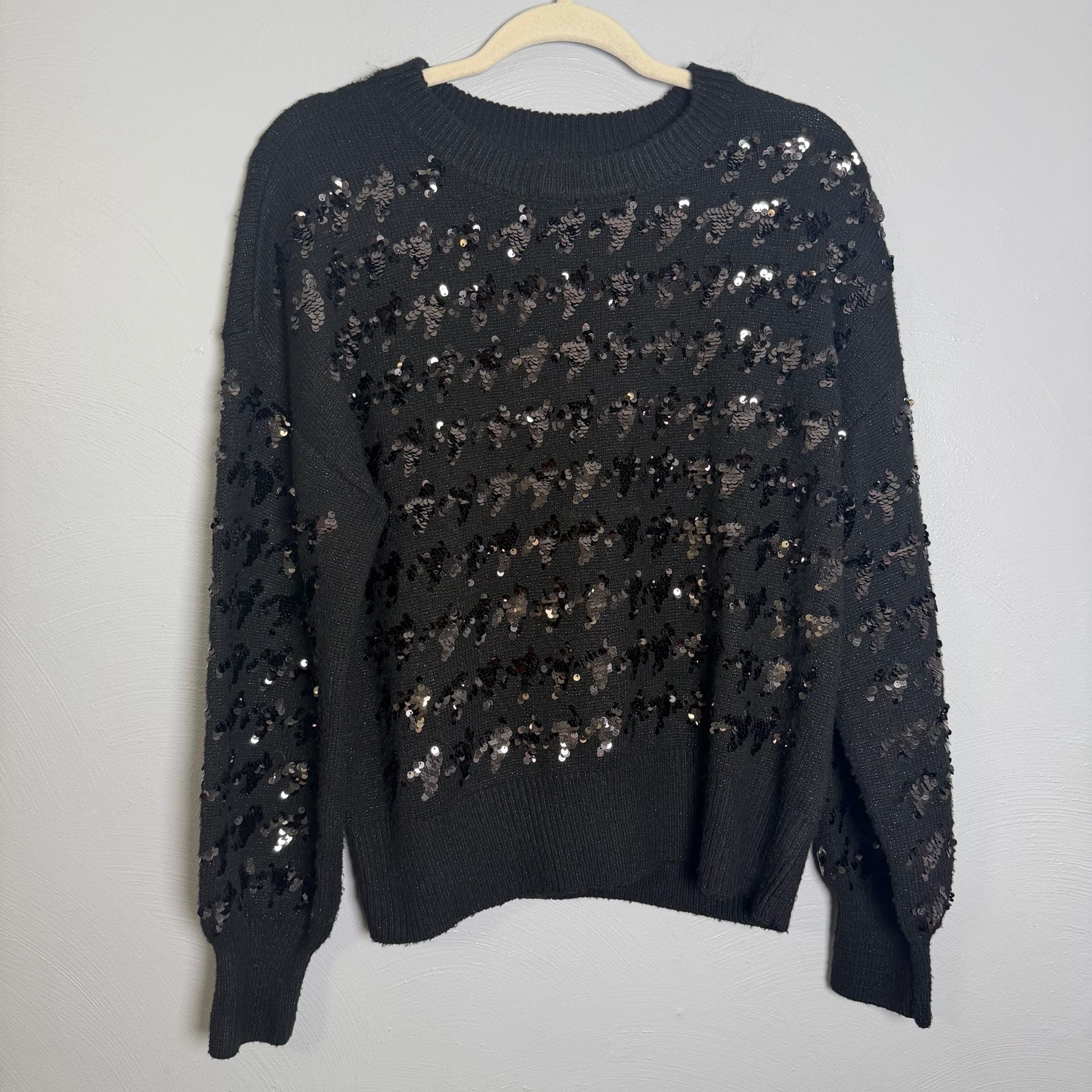 Nine West Sequin Striped Black Crewneck Sweater Size L 2