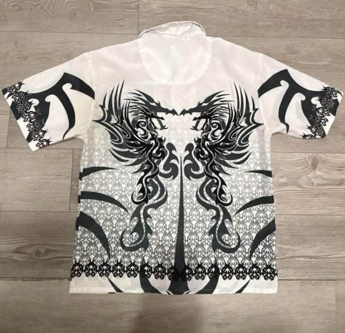 Vintage Y2K Tribal Dragon Button Up Shirt Black White 3