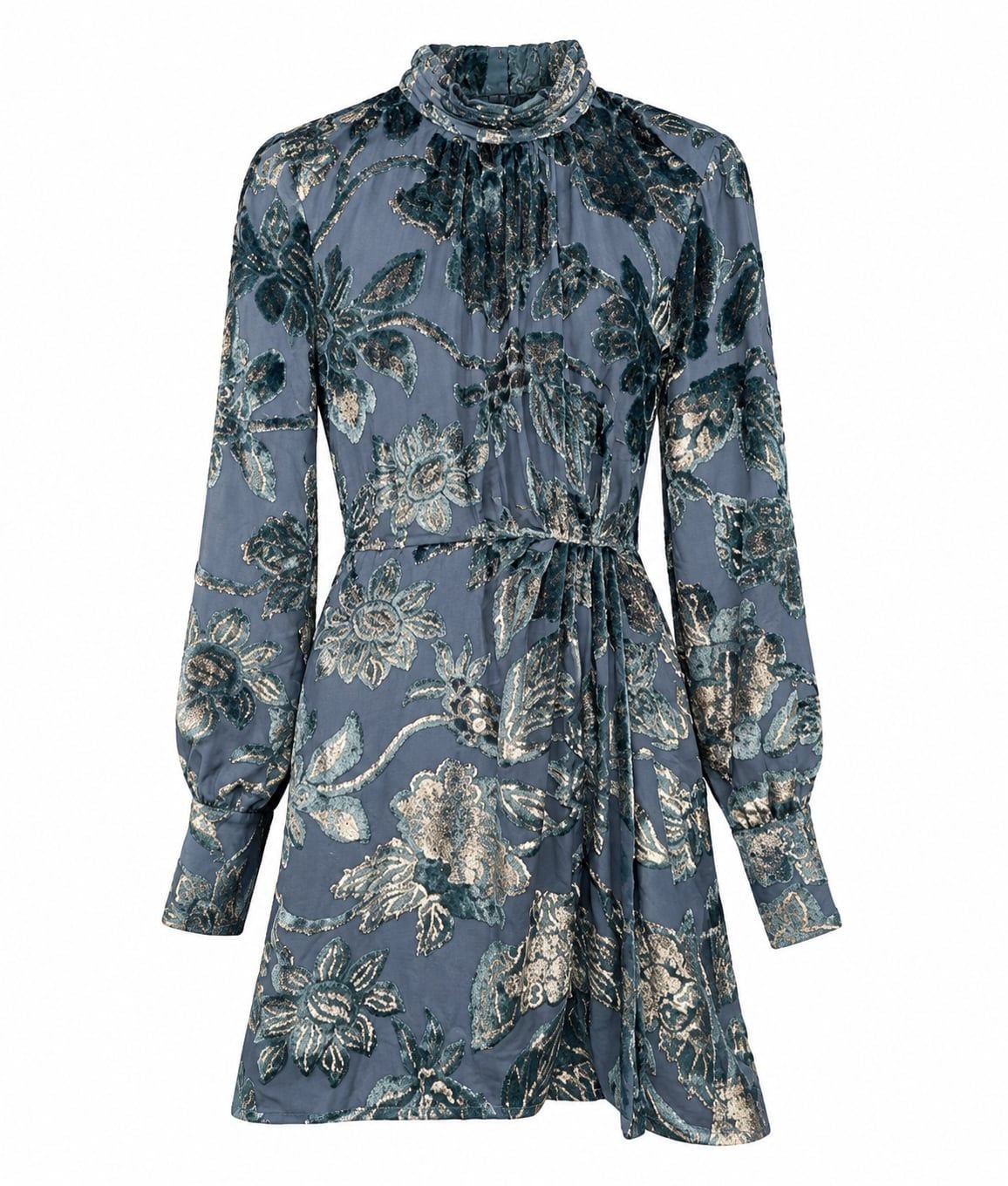 SIMKHAI Halen Mini Dress Size 2 Blue Celestial Velvet Floral Mock Neck 3