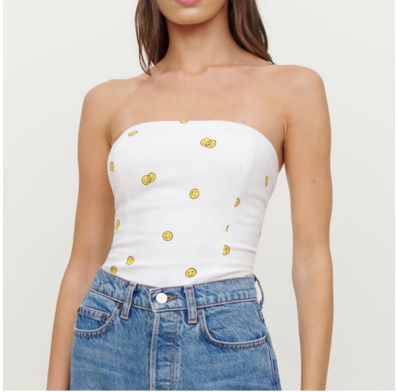 Reformation Smiley Mixed Emotions Graphic Print Strapless Tube Crop Top Size 8 2