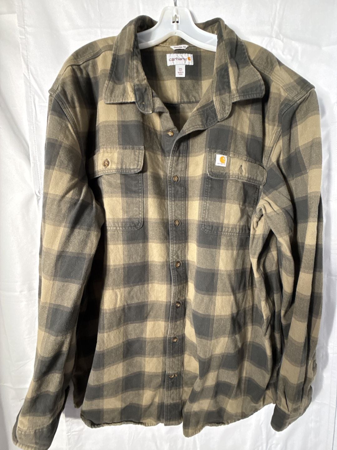 Carhartt Plaid Flannel Shirt Size 2XL Tall Brown Gray Button-Up Long Sleeve 2