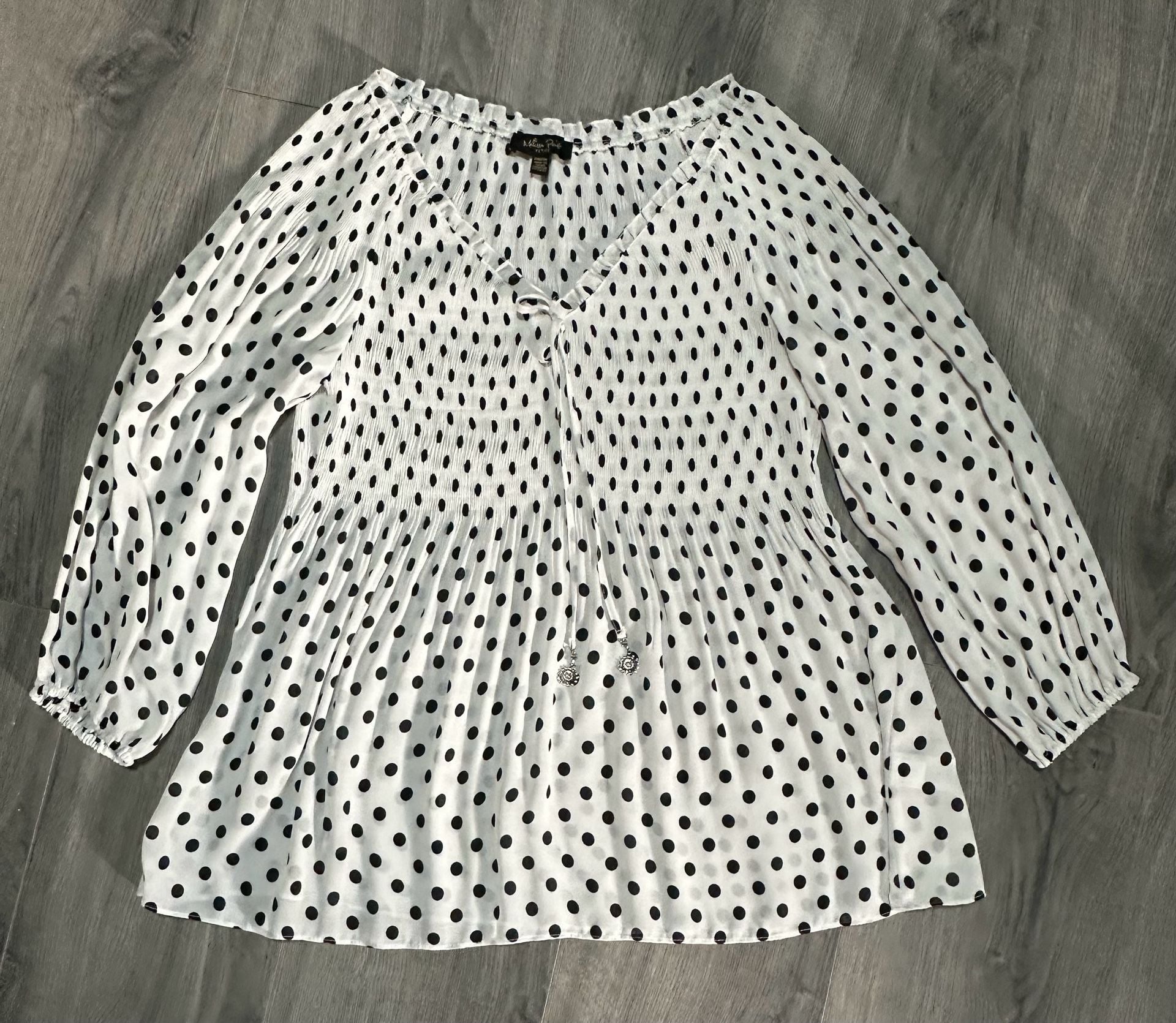 Melissa Paige Blouse Size PM/PM White Black Polka Dot Long Sleeve 2