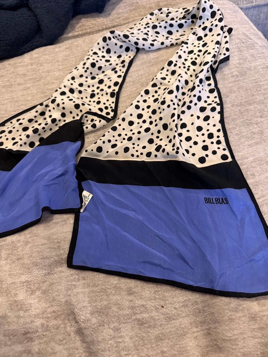 Bill Blass Vintage Silk Scarf Polka Dot Blue Black White 1