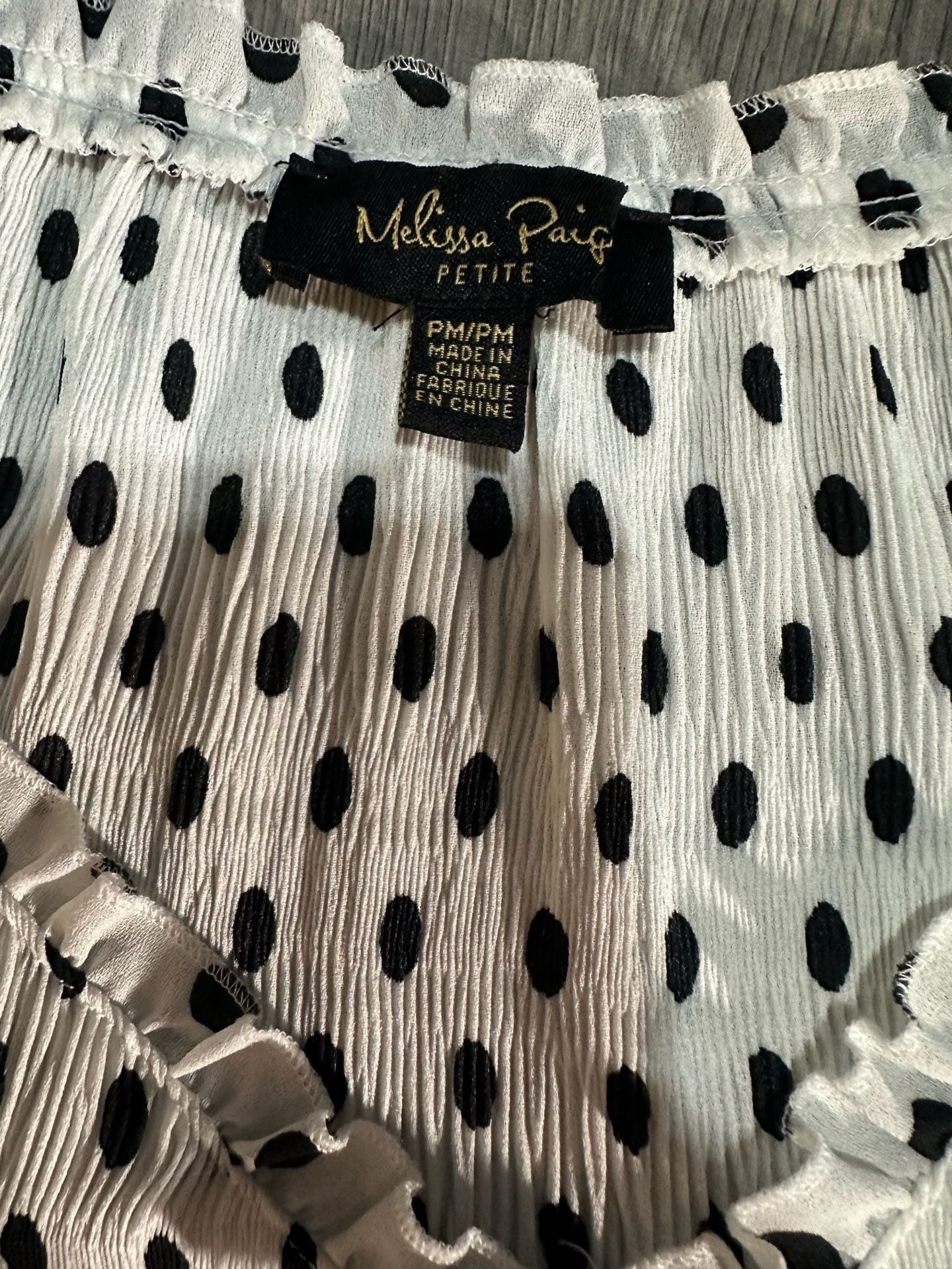 Melissa Paige Blouse Size PM/PM White Black Polka Dot Long Sleeve 3