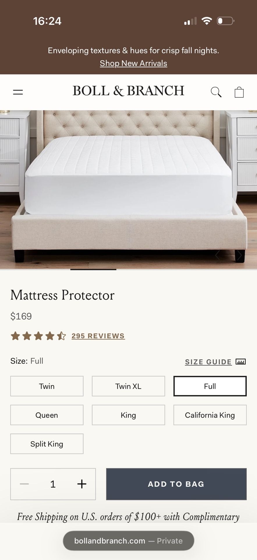 Boll & Branch Mattress Protector Full Size White Organic Cotton 1