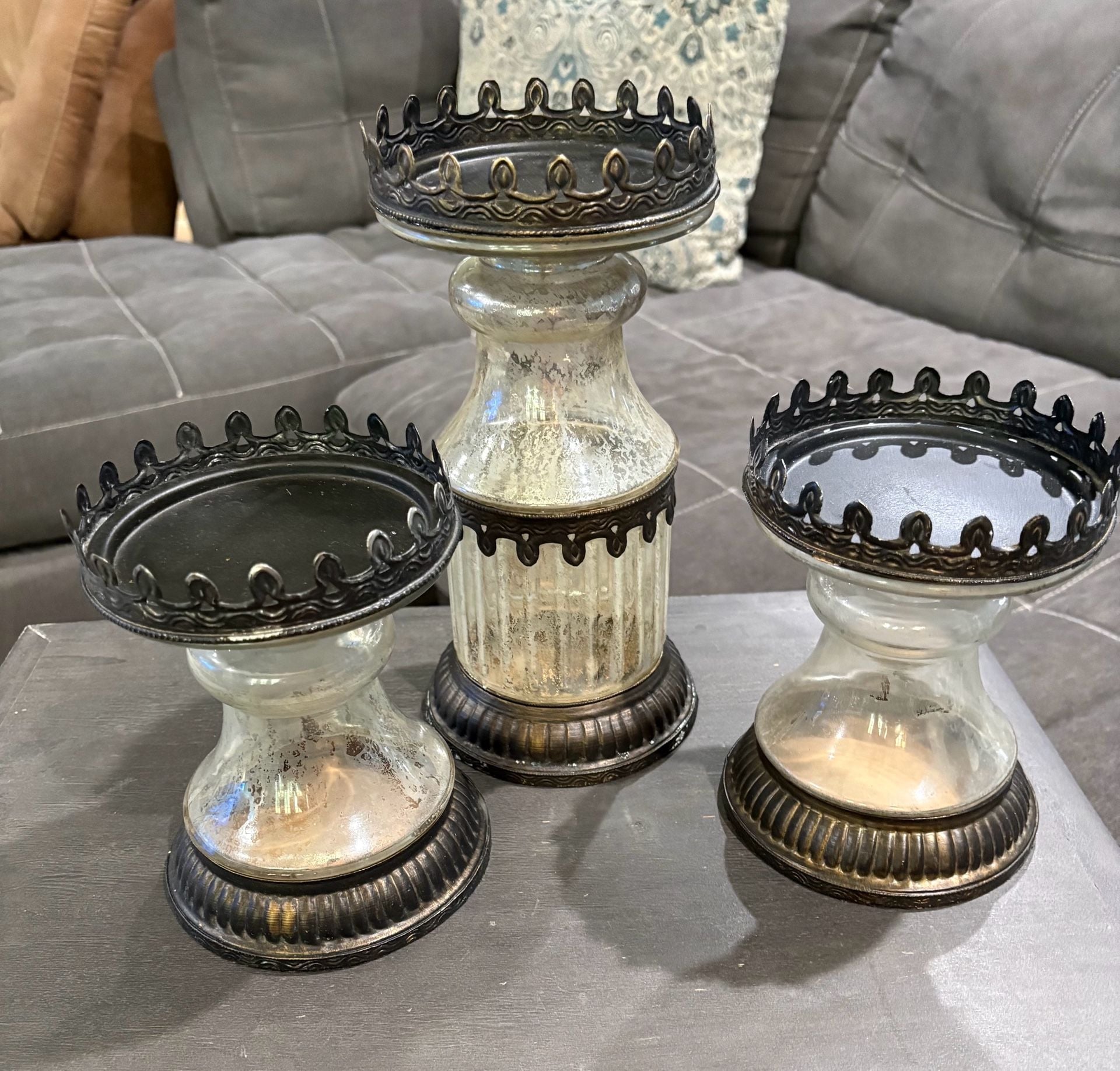 Pottery Barn Vintage Mercury Glass Pillar Candleholder Large 9