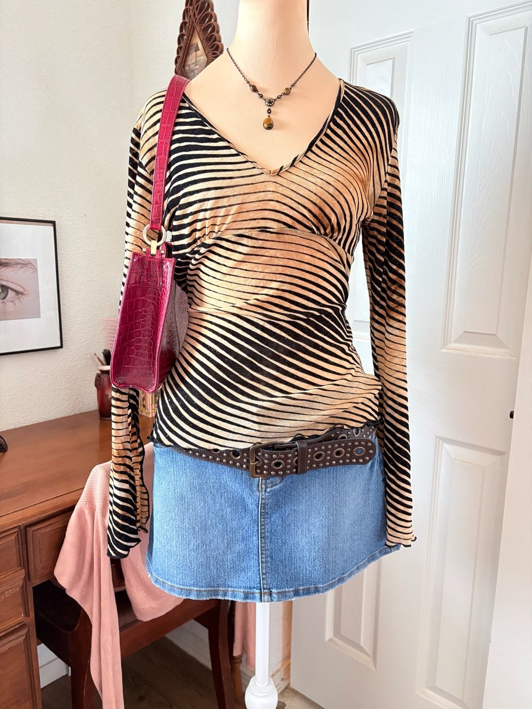 Forever 21 Y2K Striped Wrap Top Brown Black Shimmer Long Sleeve Ethereal Whimsy Boho 2