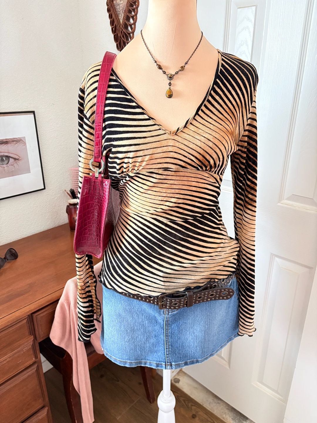 Forever 21 Y2K Striped Wrap Top Brown Black Shimmer Long Sleeve Ethereal Whimsy Boho 3