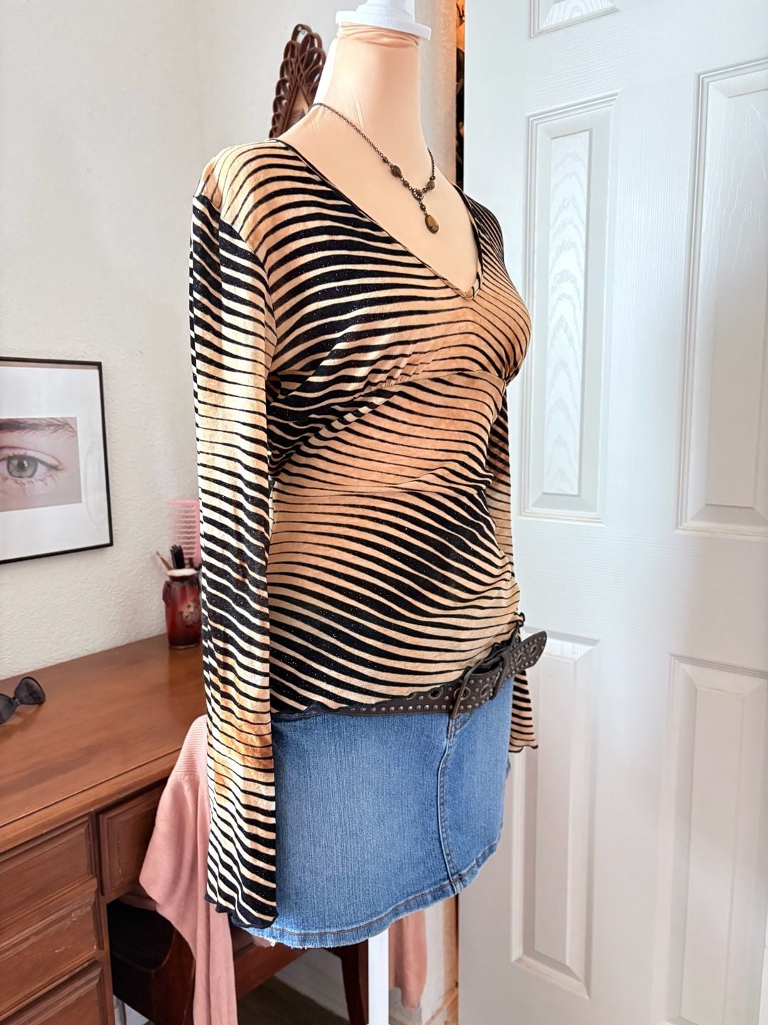 Forever 21 Y2K Striped Wrap Top Brown Black Shimmer Long Sleeve Ethereal Whimsy Boho 5