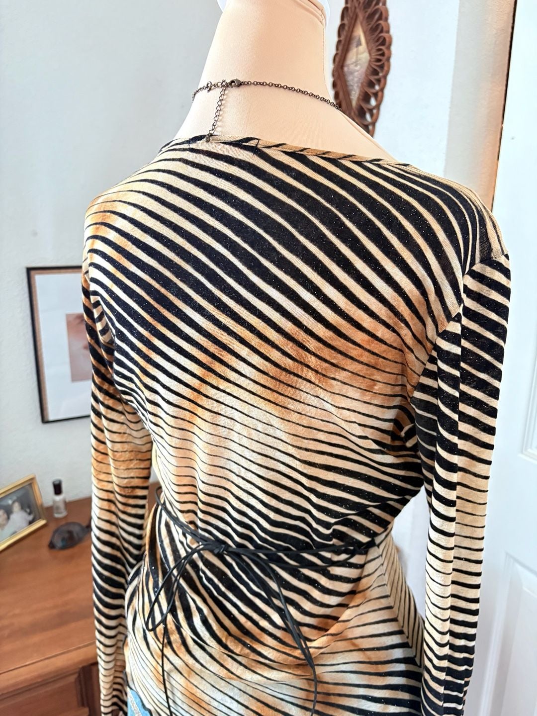 Forever 21 Y2K Striped Wrap Top Brown Black Shimmer Long Sleeve Ethereal Whimsy Boho 7