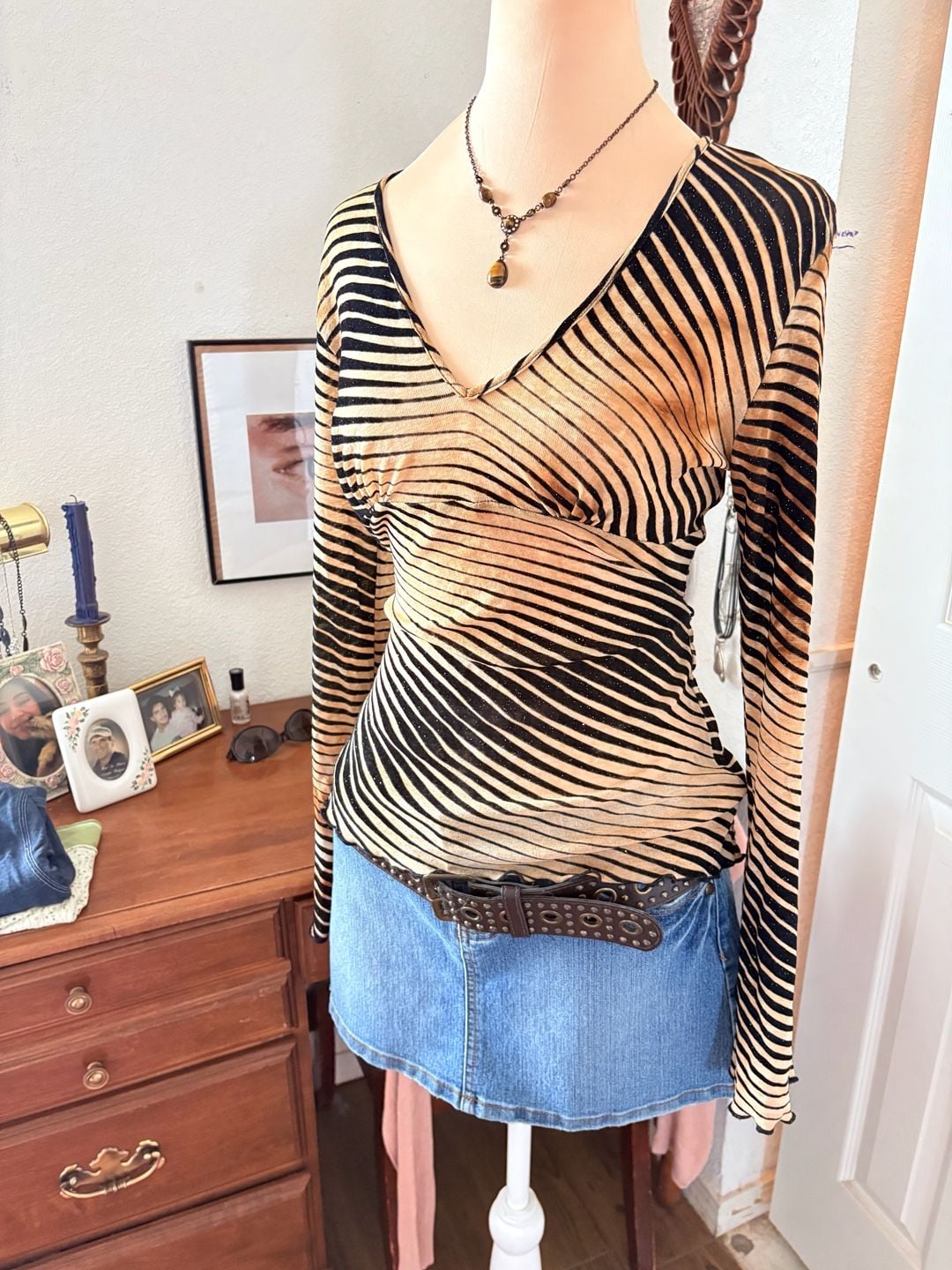 Forever 21 Y2K Striped Wrap Top Brown Black Shimmer Long Sleeve Ethereal Whimsy Boho 8