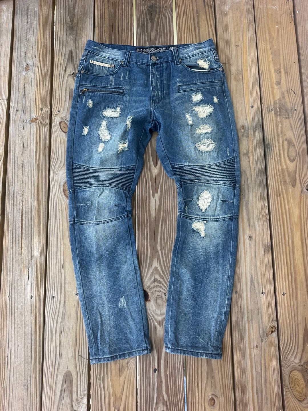 The Heritage By America Distressed Biker Jeans Size W34 L33 Blue Denim 2