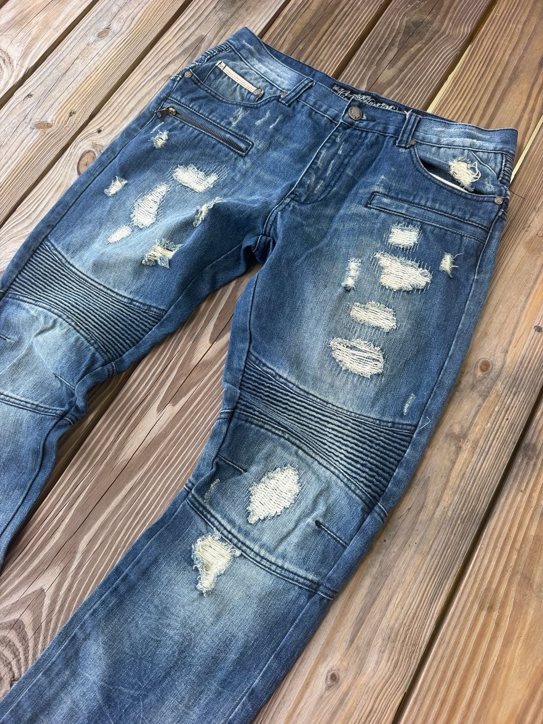 The Heritage By America Distressed Biker Jeans Size W34 L33 Blue Denim 3