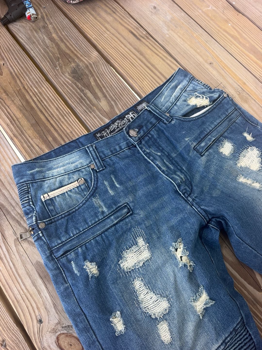 The Heritage By America Distressed Biker Jeans Size W34 L33 Blue Denim 4