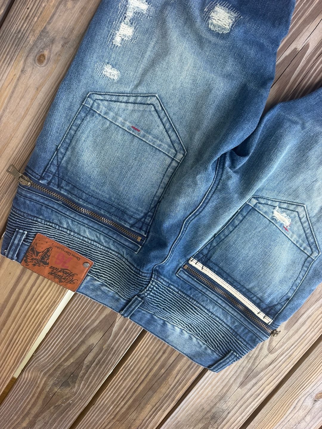 The Heritage By America Distressed Biker Jeans Size W34 L33 Blue Denim 7