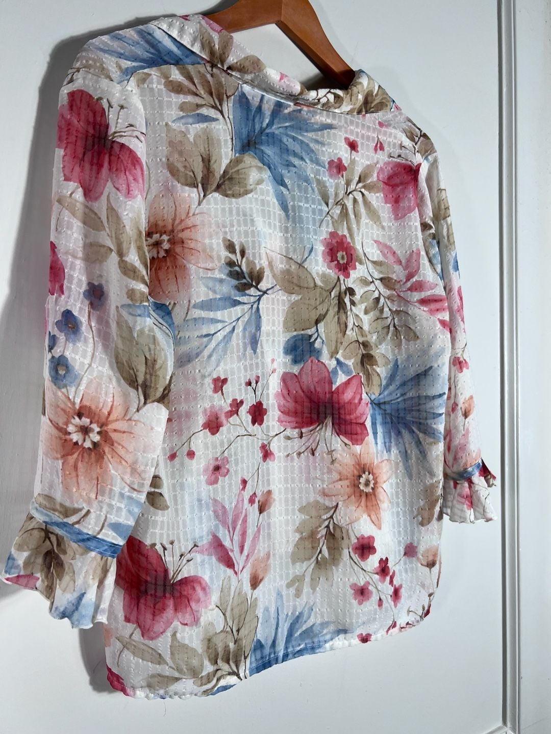 Alfred Dunner Petite 12P Floral Sheer Textured Blouse Pink Blue 3/4 Sleeve 3