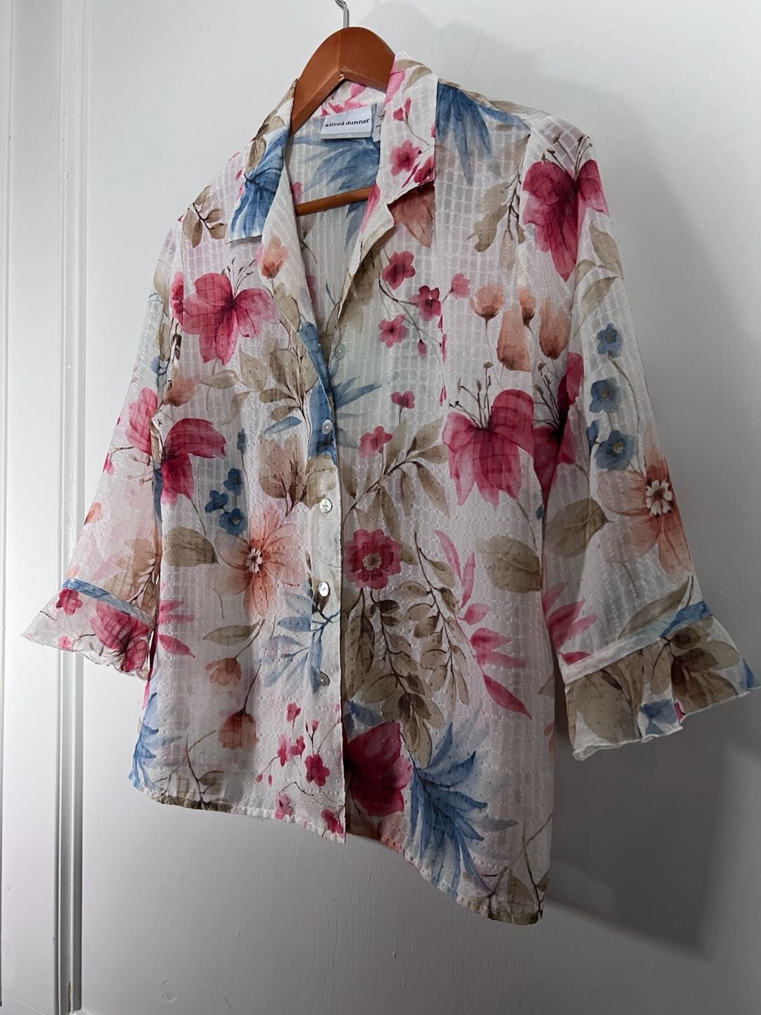 Alfred Dunner Petite 12P Floral Sheer Textured Blouse Pink Blue 3/4 Sleeve 5