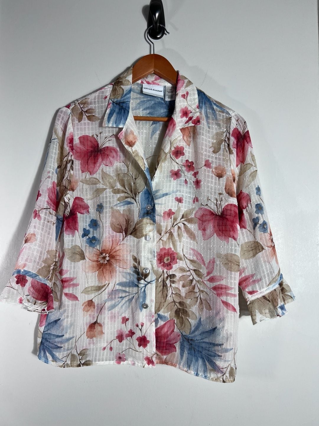 Alfred Dunner Petite 12P Floral Sheer Textured Blouse Pink Blue 3/4 Sleeve 8