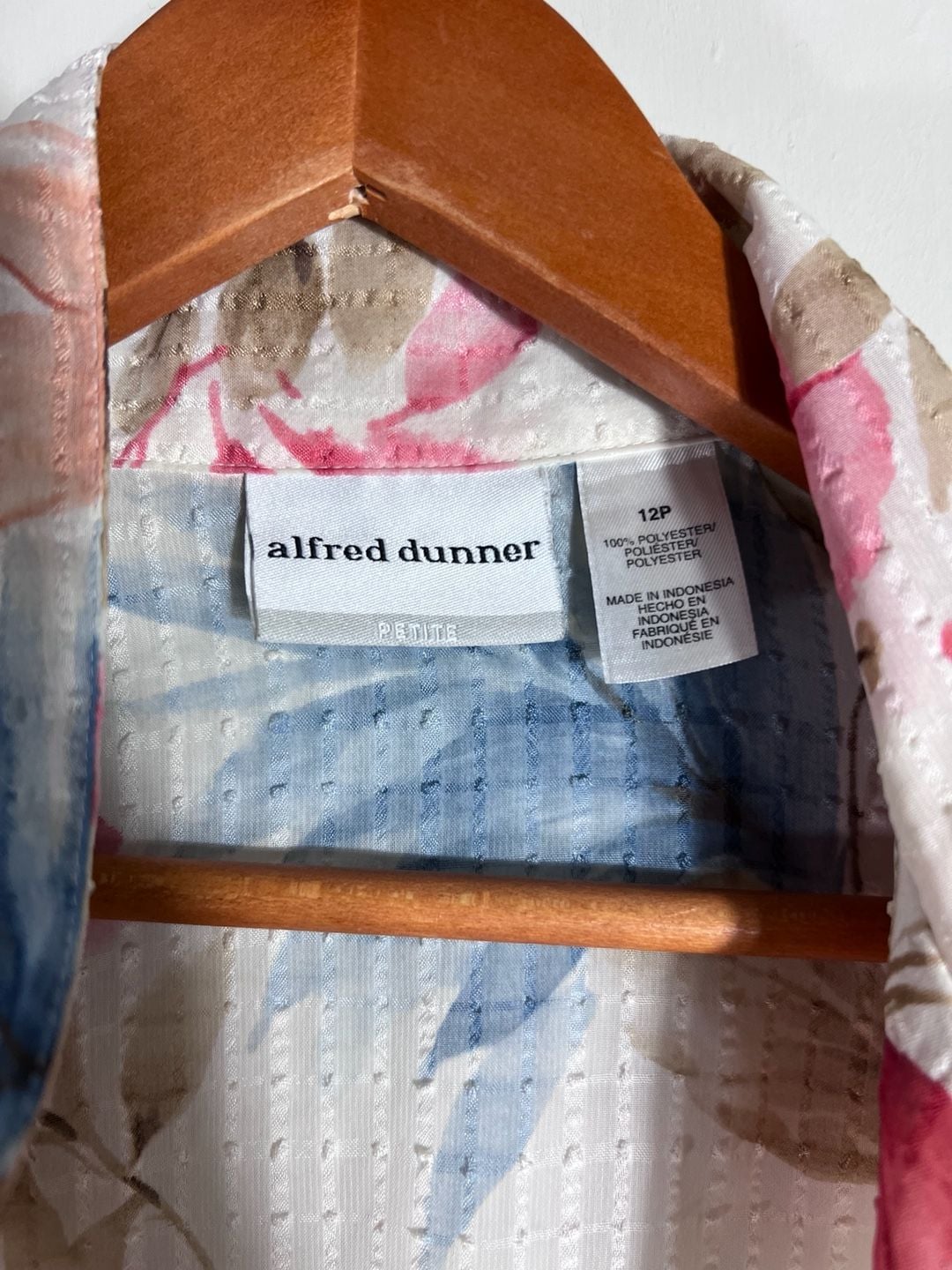 Alfred Dunner Petite 12P Floral Sheer Textured Blouse Pink Blue 3/4 Sleeve 10