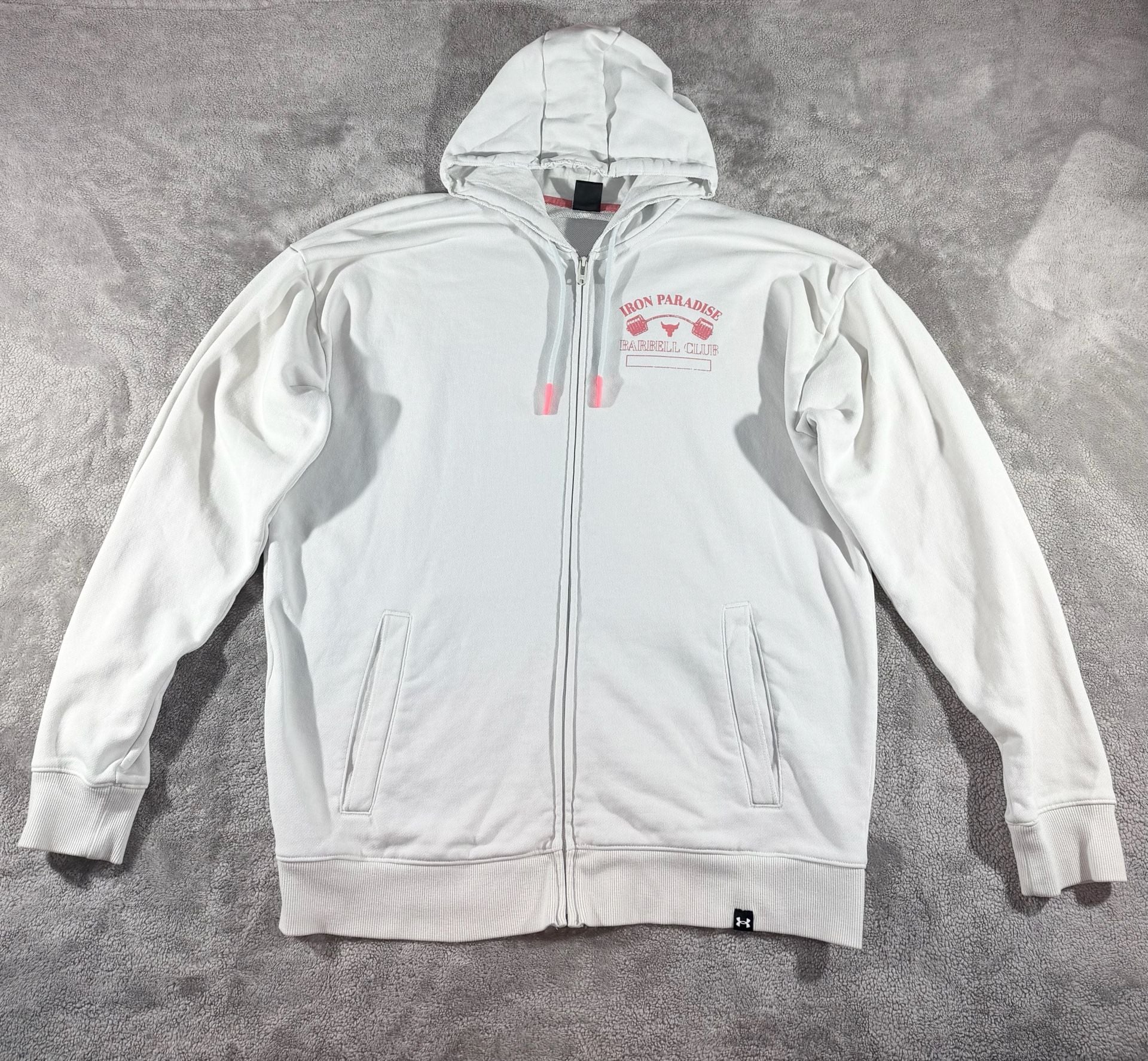 Under Armour Iron Paradise Barbell Club Size XL White Full Zip Hoodie Jacket 2