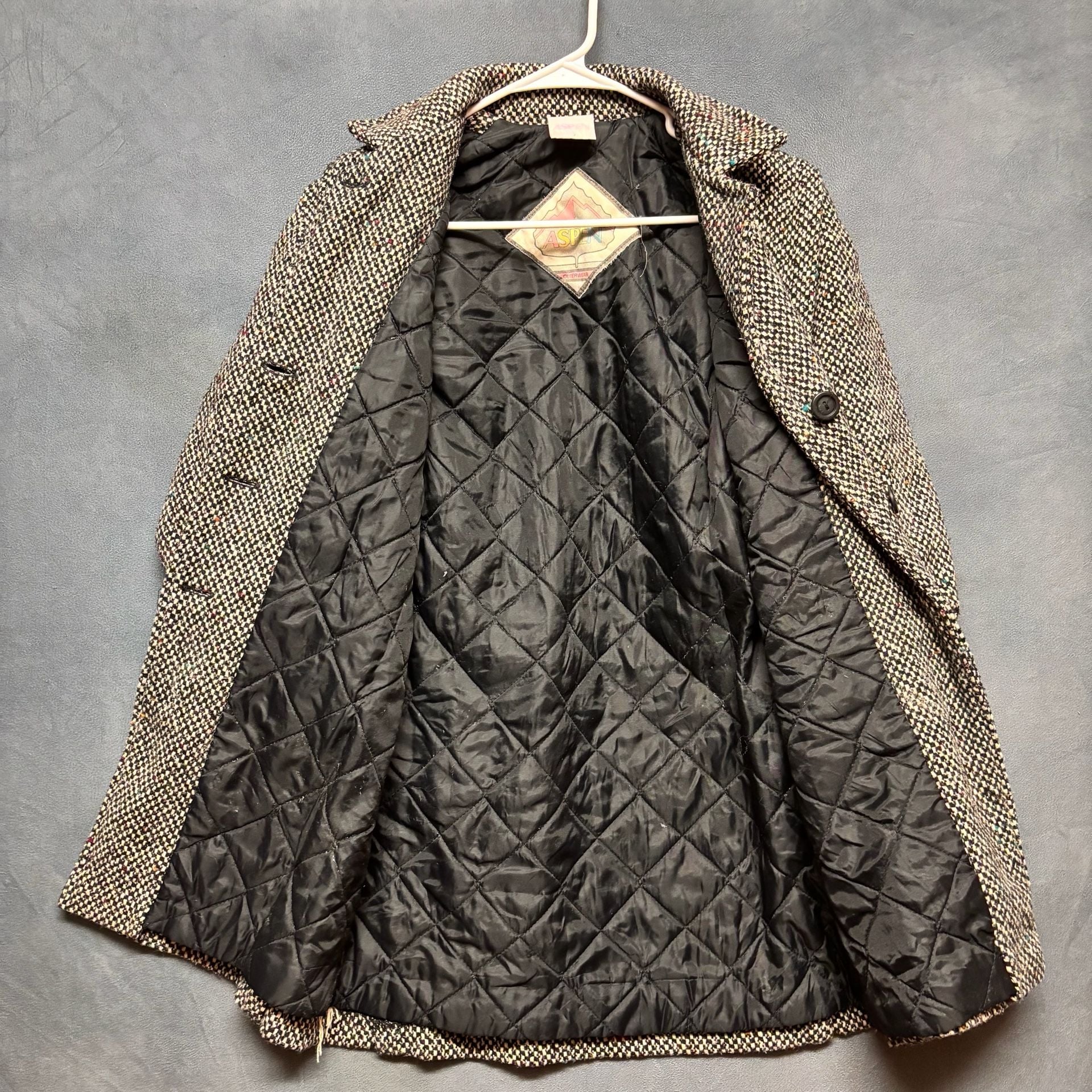 Aspen Outerwear Tweed Coat Size 7 Black White Rainbow Wool Blend Vintage 12