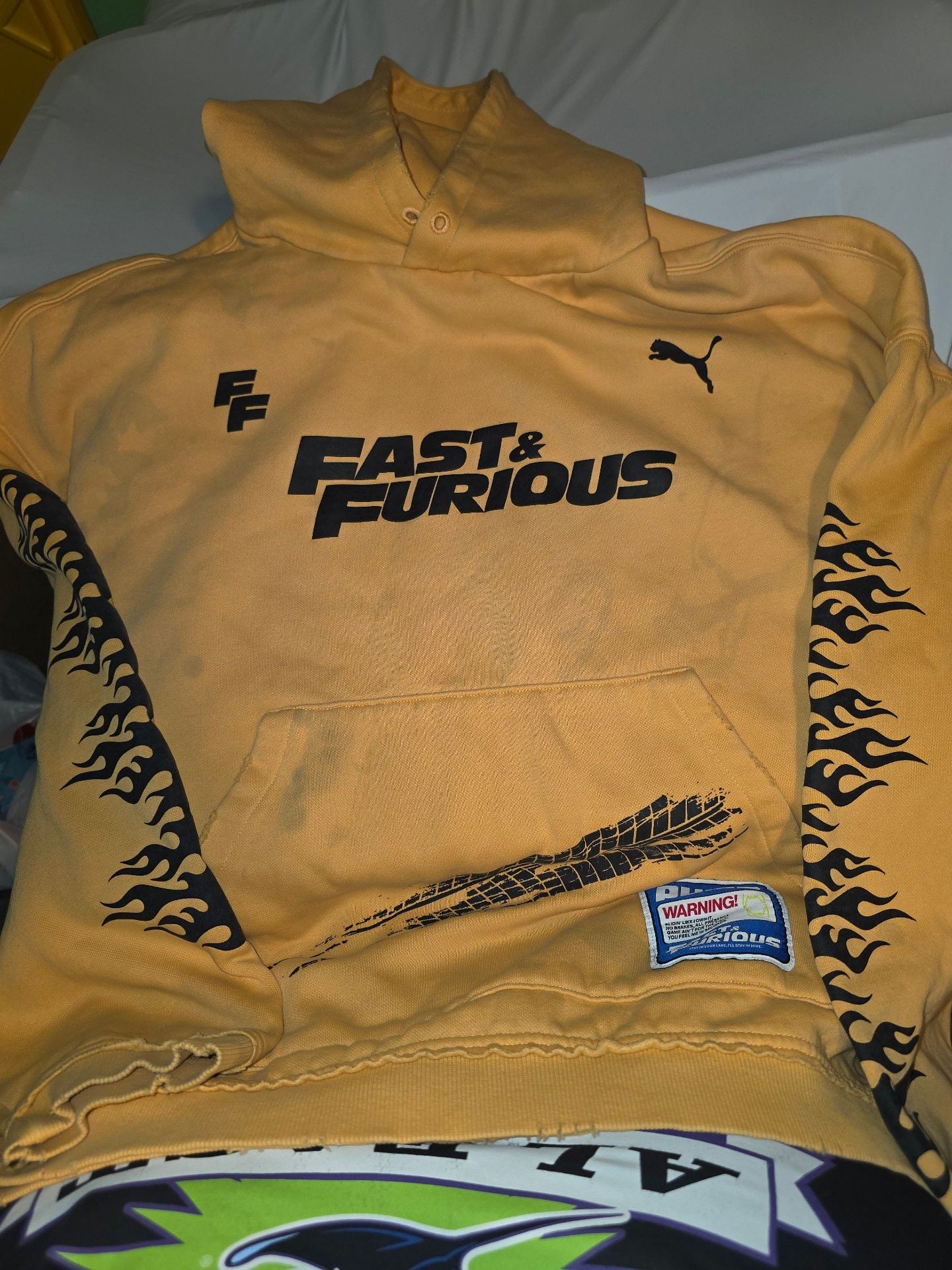 Puma X Fast & Furious Distressed Hoodie Size L Yellow Graphic Pullover 1