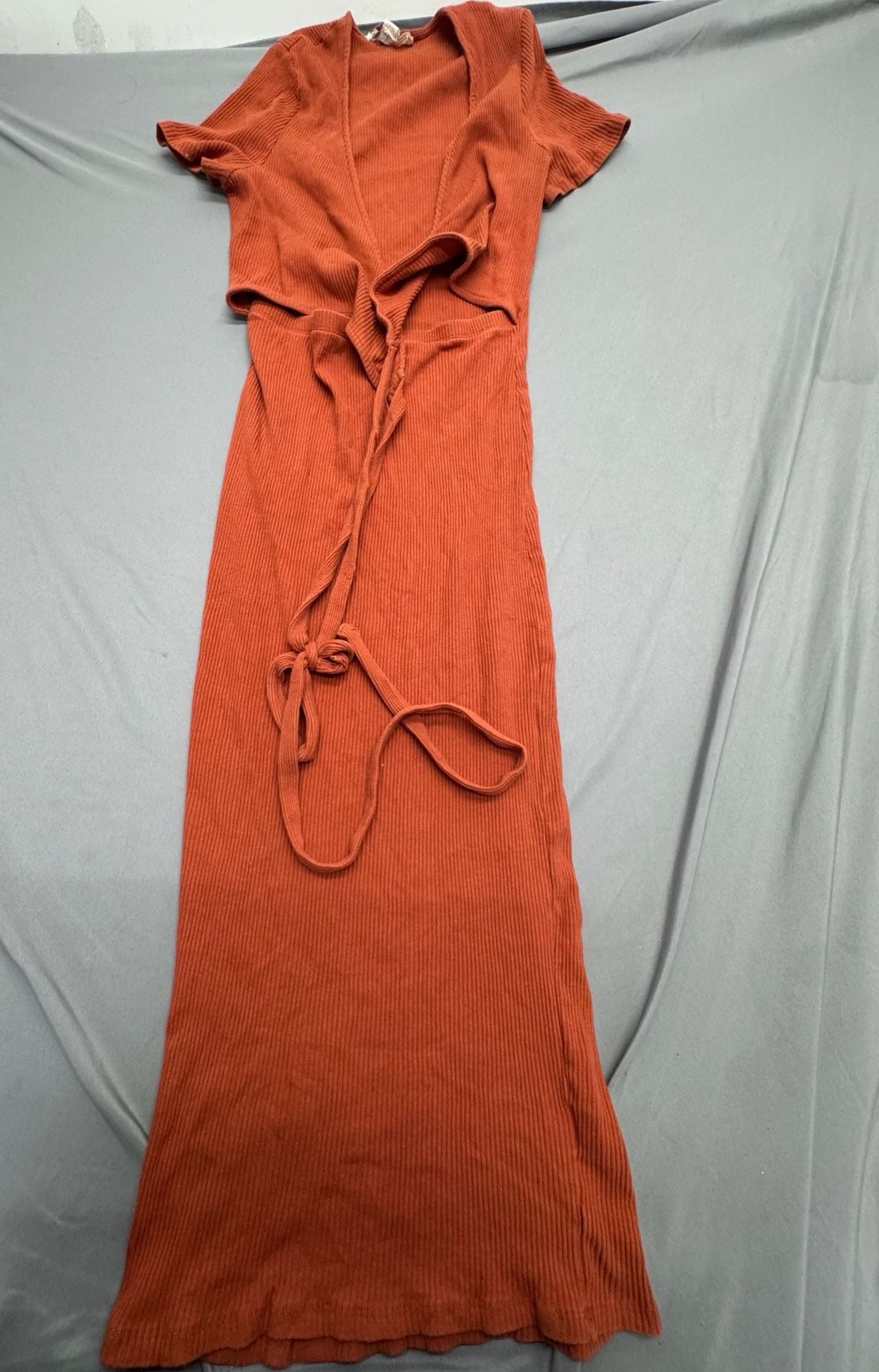 FP Beach Midi Dress Size L Orange Ribbed Tie Front Cutout 2