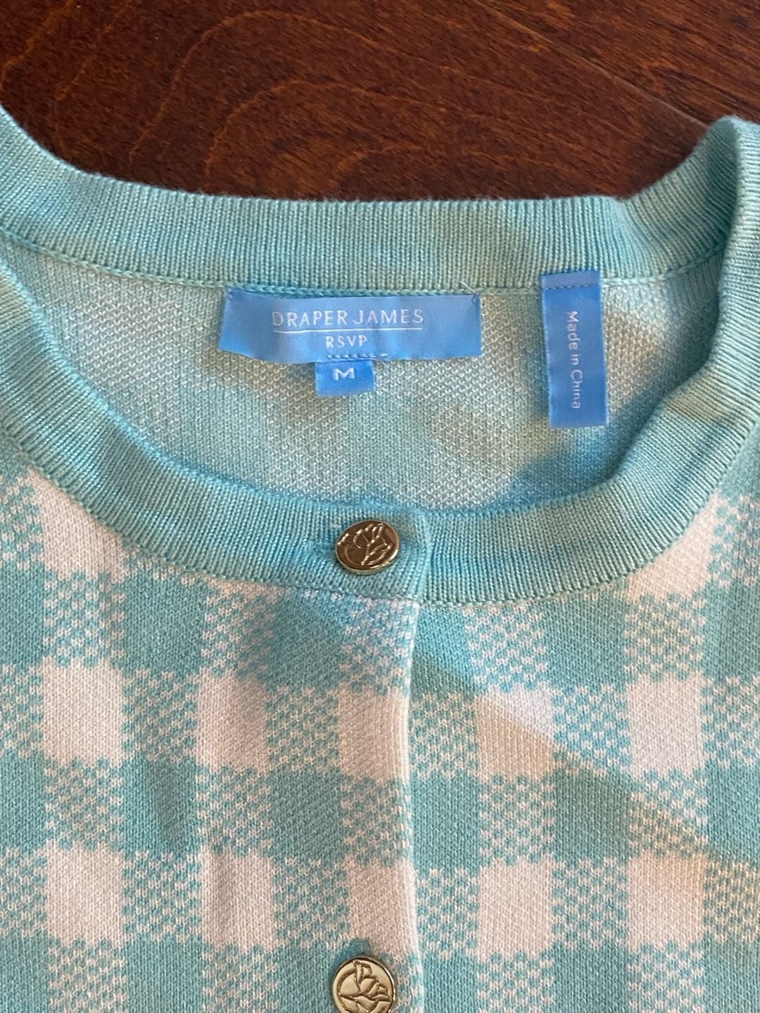 Draper James RSVP Gingham Cardigan Size M Turquoise White 3