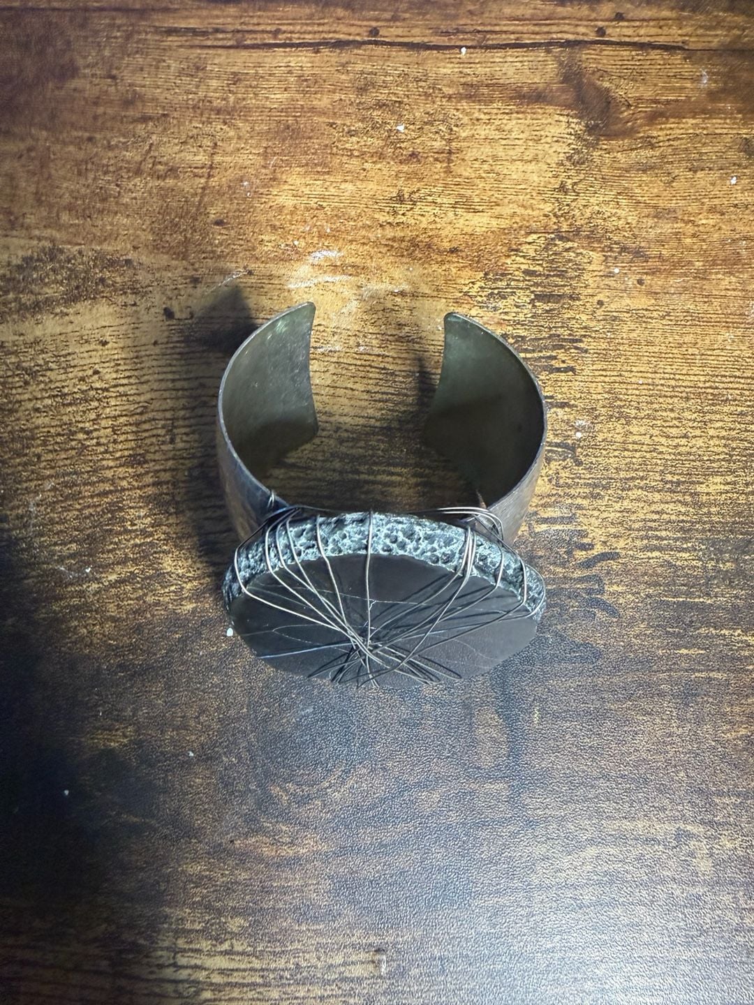 Statement Cuff Bracelet Silver Hammered Metal Black Stone 2