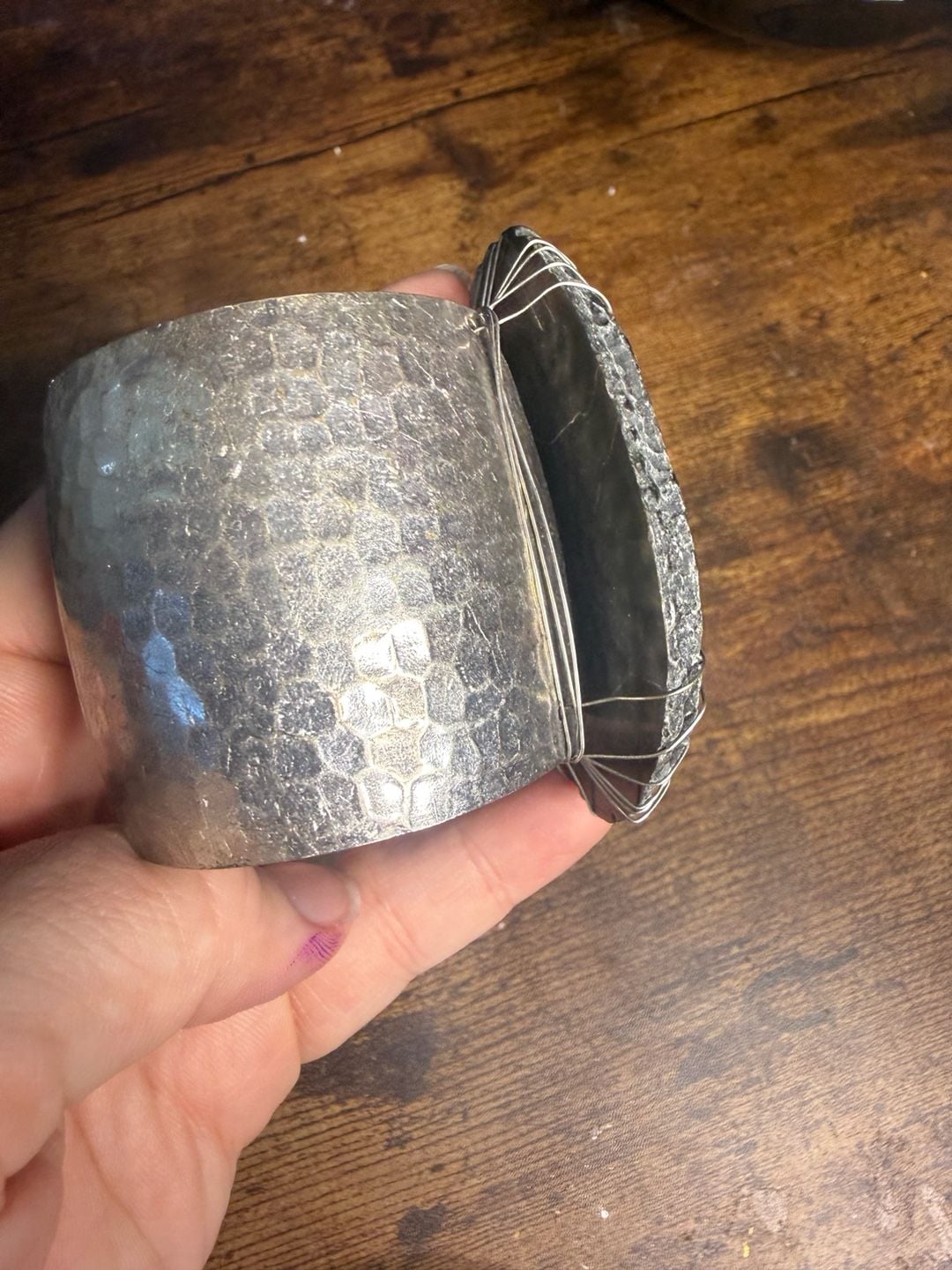 Statement Cuff Bracelet Silver Hammered Metal Black Stone 4
