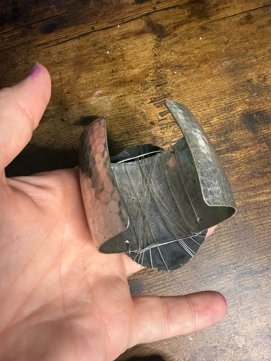 Statement Cuff Bracelet Silver Hammered Metal Black Stone 5
