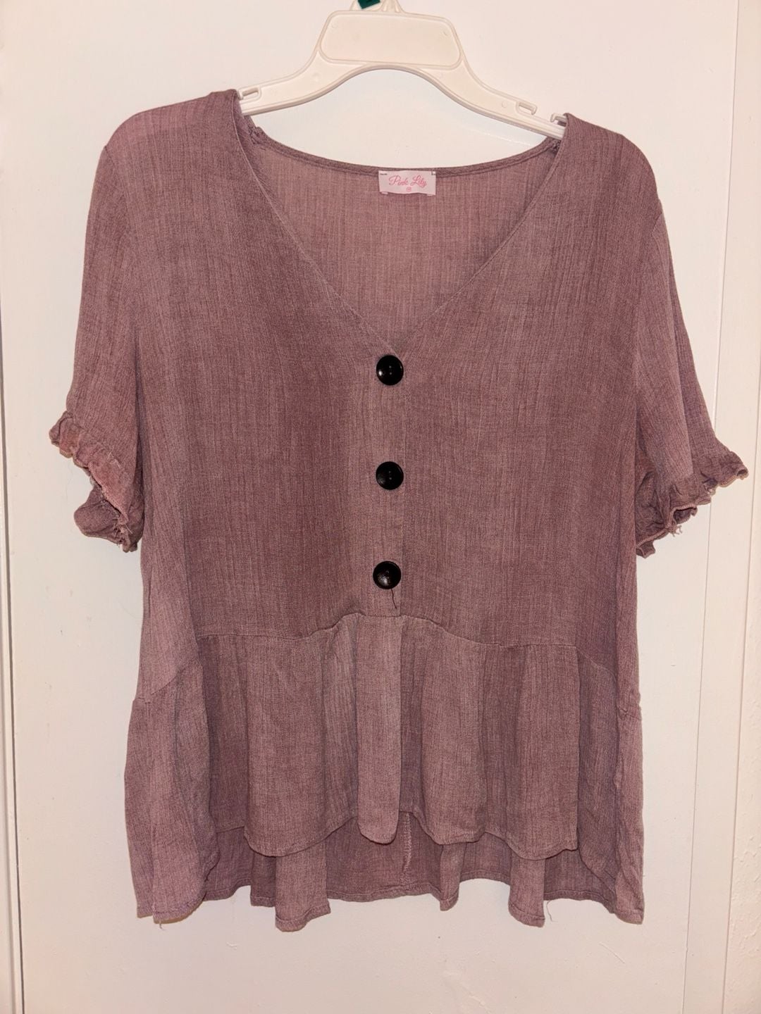 Pink Lily Peplum Blouse Size M Mauve Button Front Ruffle Sleeves 2