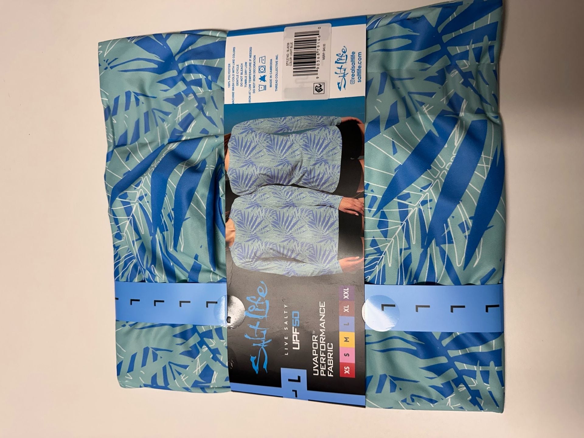 Salt Life SLX UVapor Long Sleeve UV Tee Size L Light Blue Palm Leaf 2