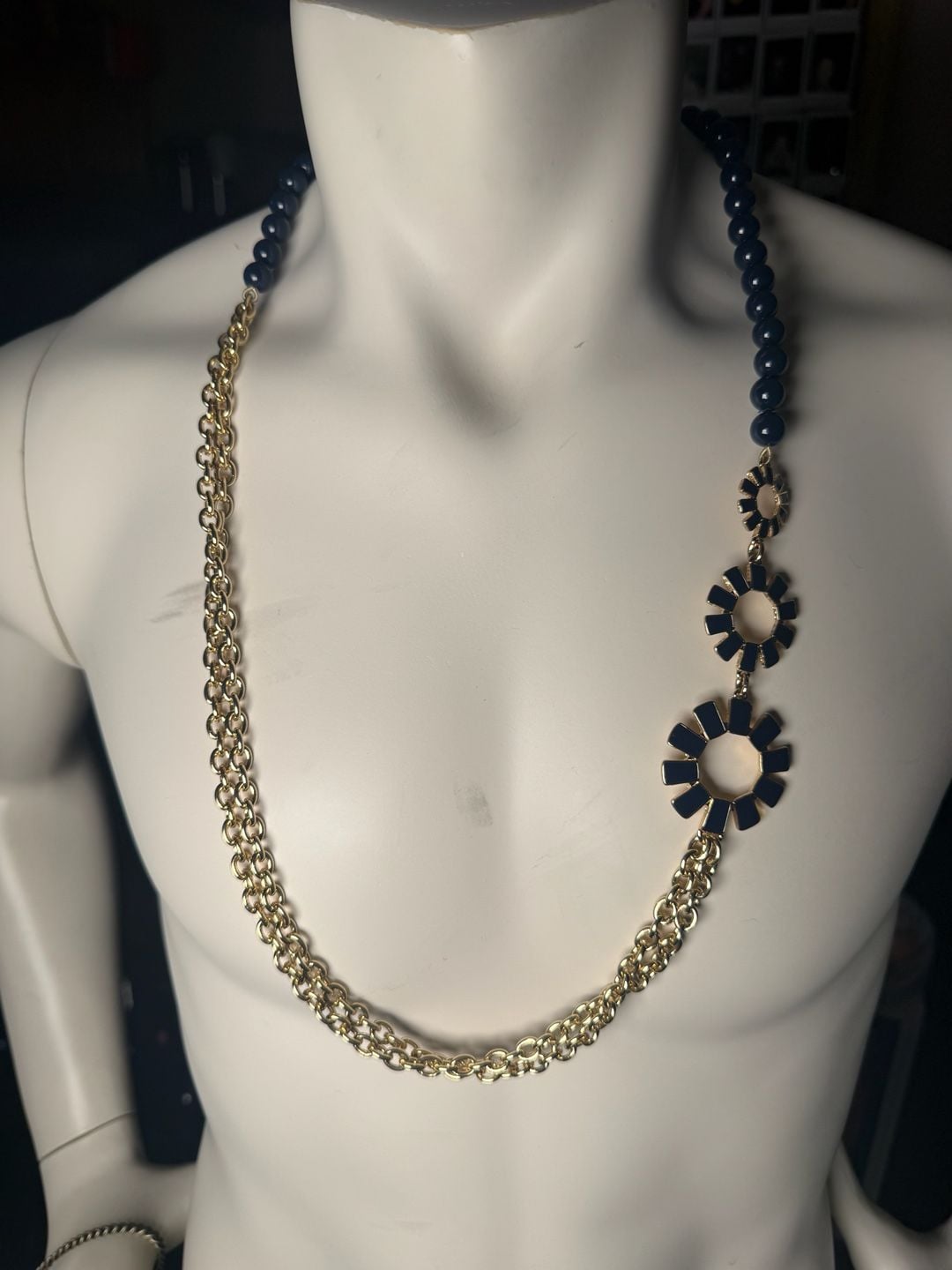 Talbots Gold-Tone Blue Bead Link Statement Necklace 2