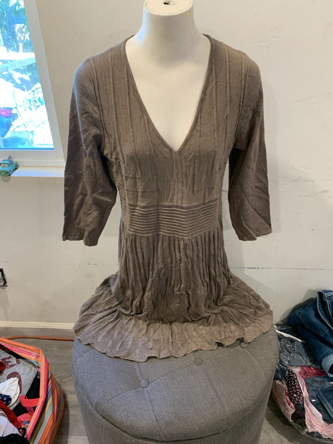 Studio M Sweater Dress Size XL Brown V-Neck Pleated Knit Tunic Mini Dress 2