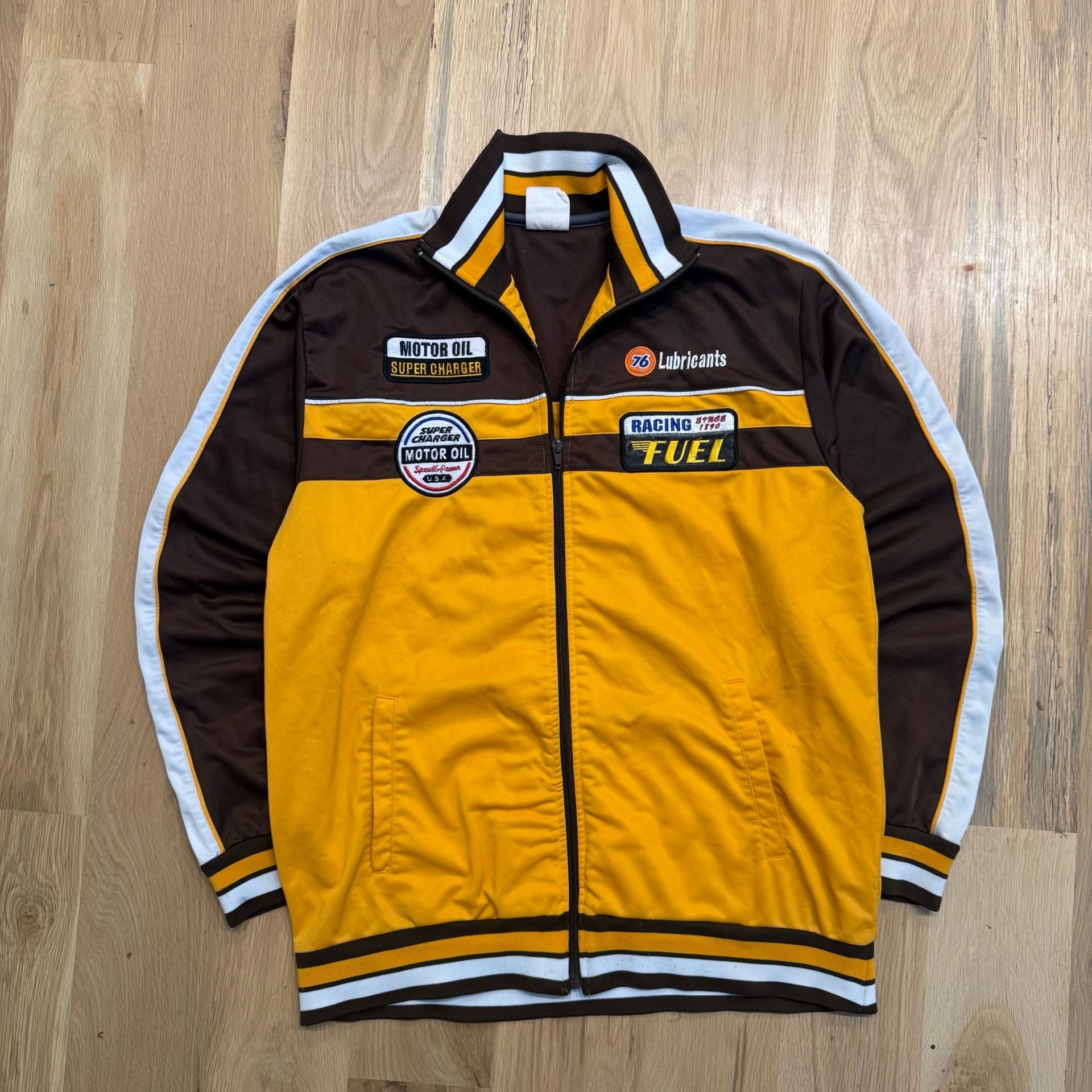 76 Lubricants Racing Fuel Track Jacket Size LL Brown Yellow Full Zip 2