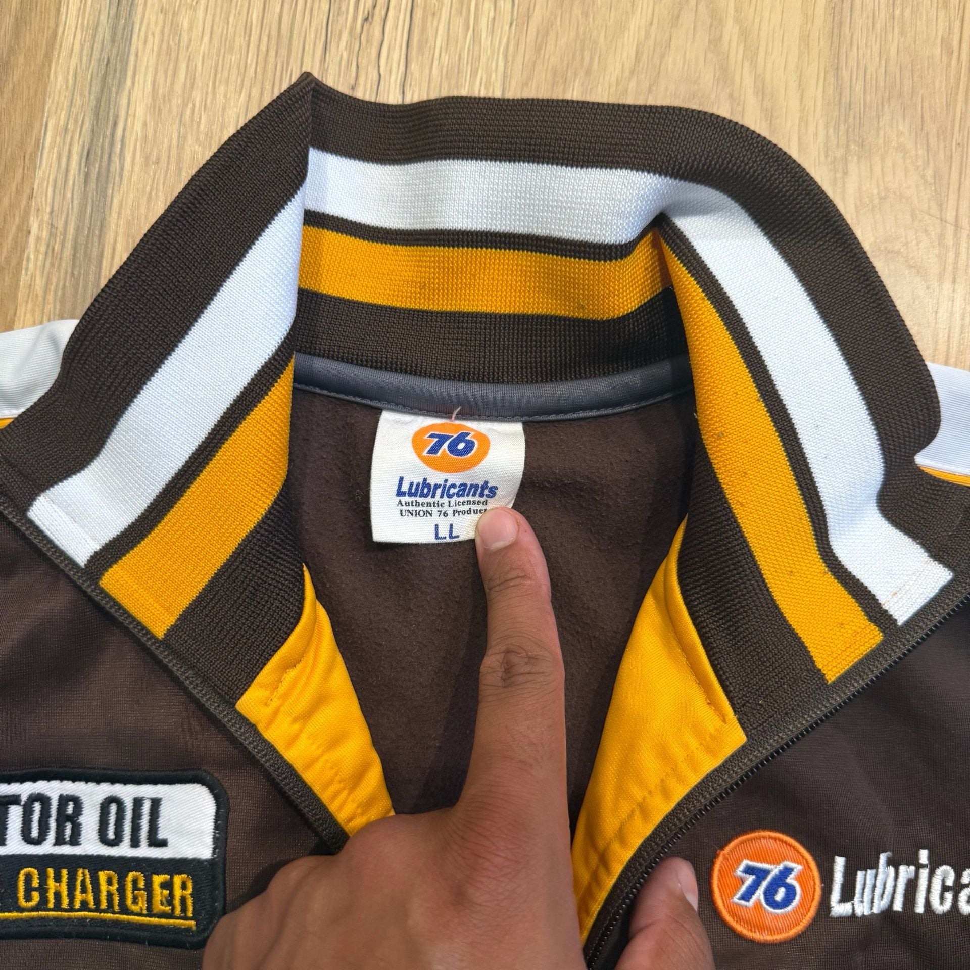 76 Lubricants Racing Fuel Track Jacket Size LL Brown Yellow Full Zip 4
